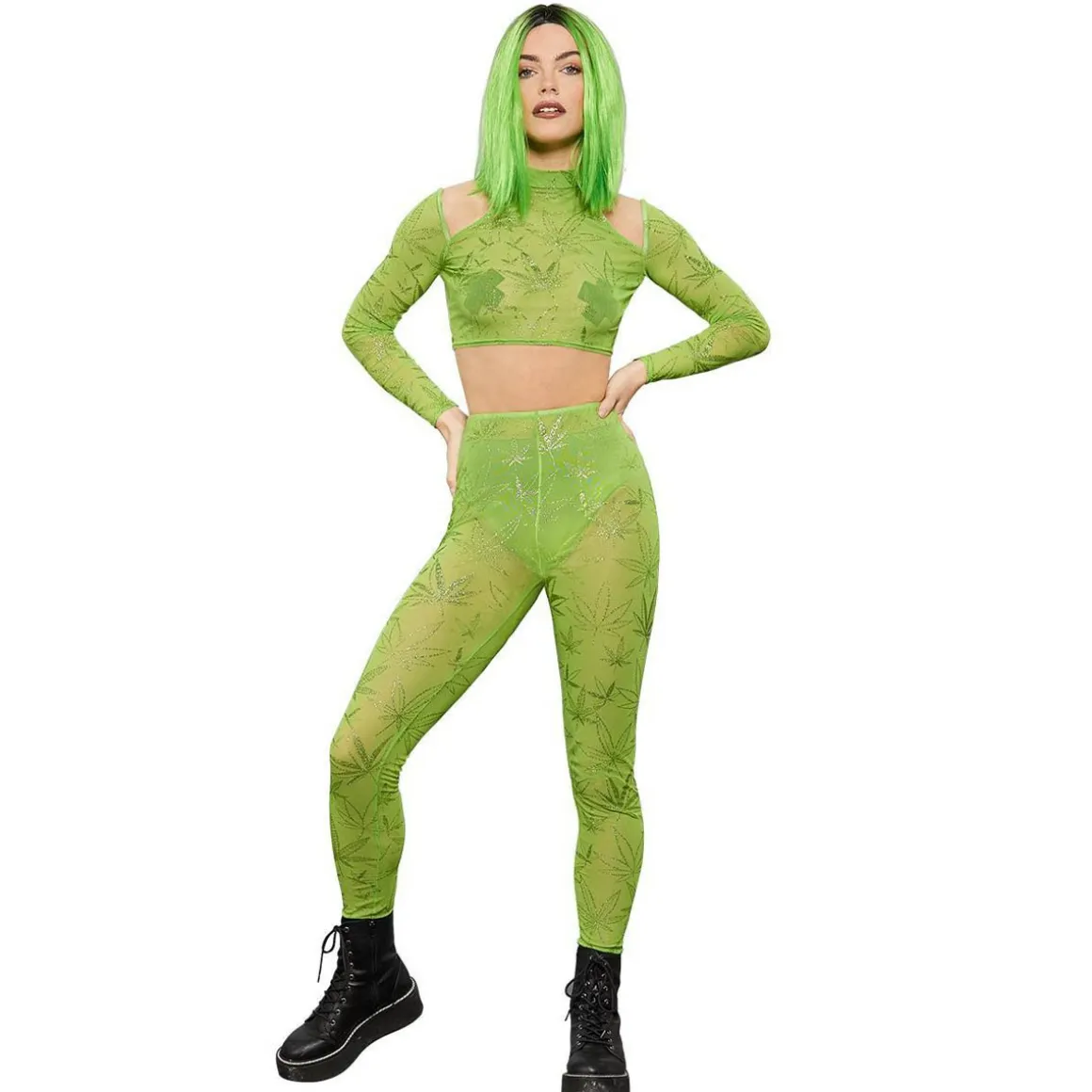 Bodysuit, Fever Cannabis Sheer Crop Top & Leggings