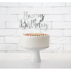 Cake toppers, happy birthday silver 22,5 cm