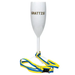 Champagneglas grattis med blå gult band, 24 cm