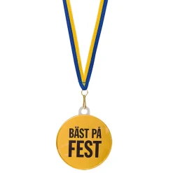 Chokladmedalj, blågult band "Bäst på fest" 23 g