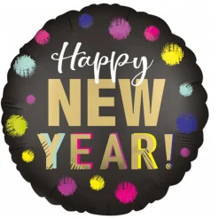 Folieballong, rund satin prickar happy new year 43 cm