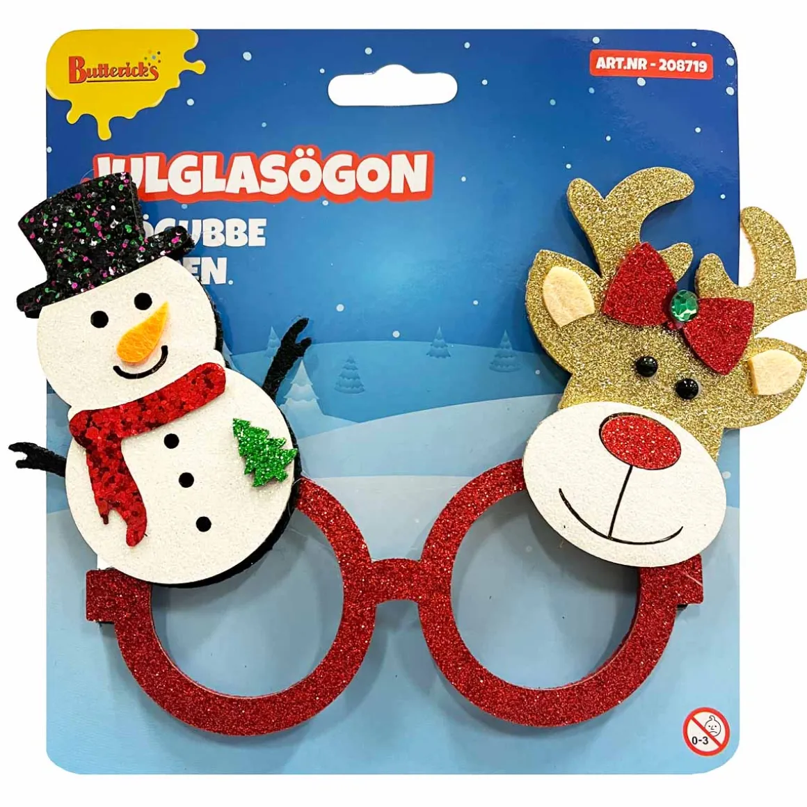 Glasögon, snögubbe och ren
