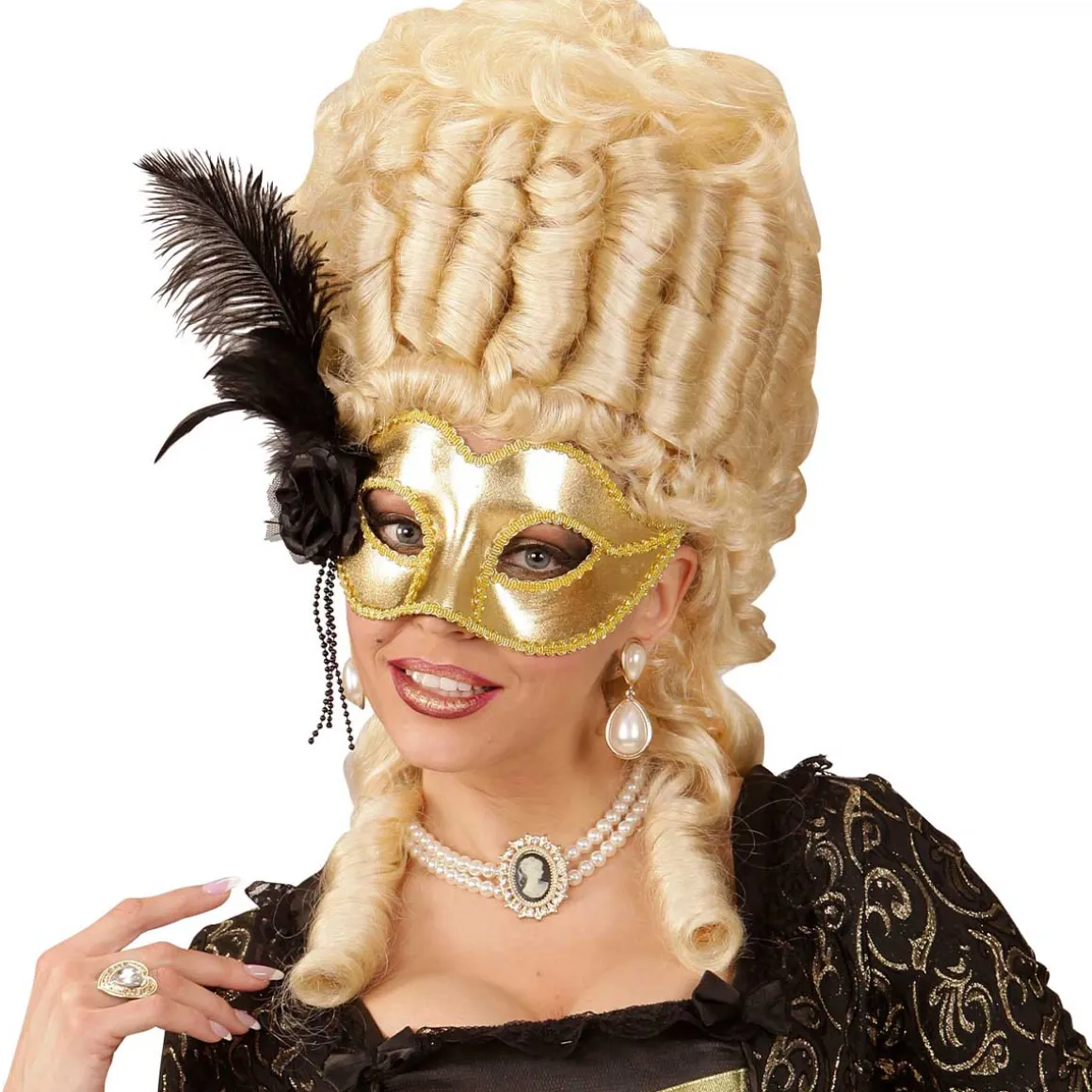 Ögonmask, gold venice med fjäder