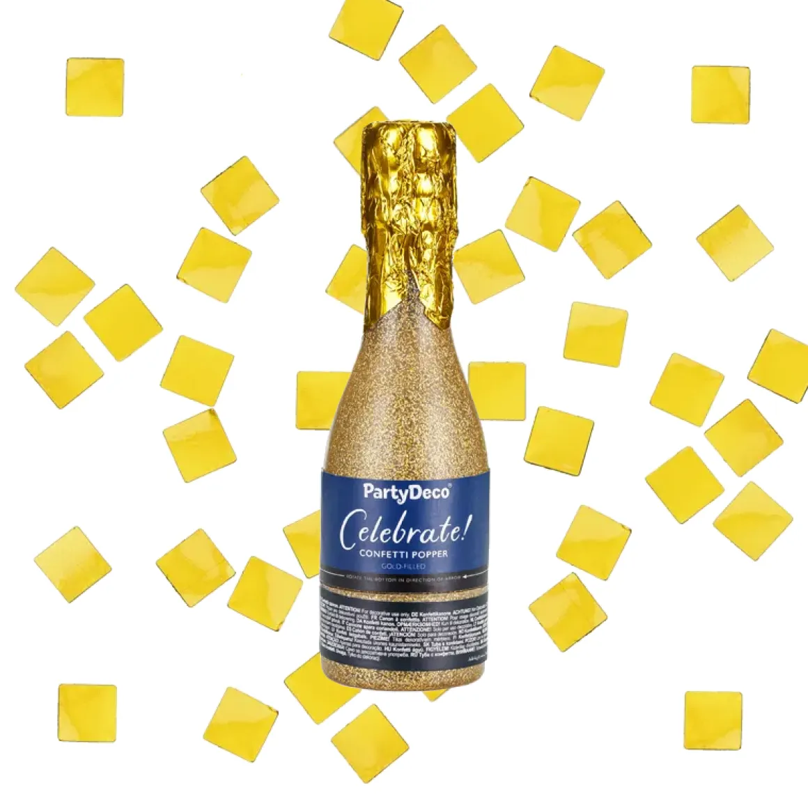 Konfettibomb, champagneflaska guld metallic 20,5 cm