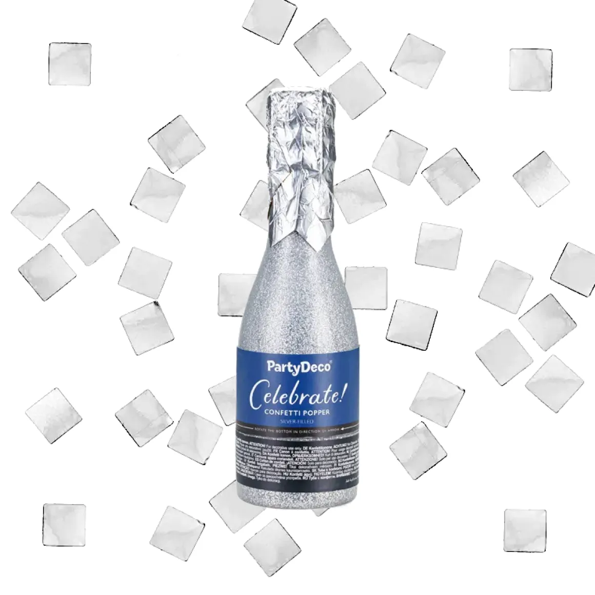 Konfettibomb, champagneflaska silver metallic 20,5 cm