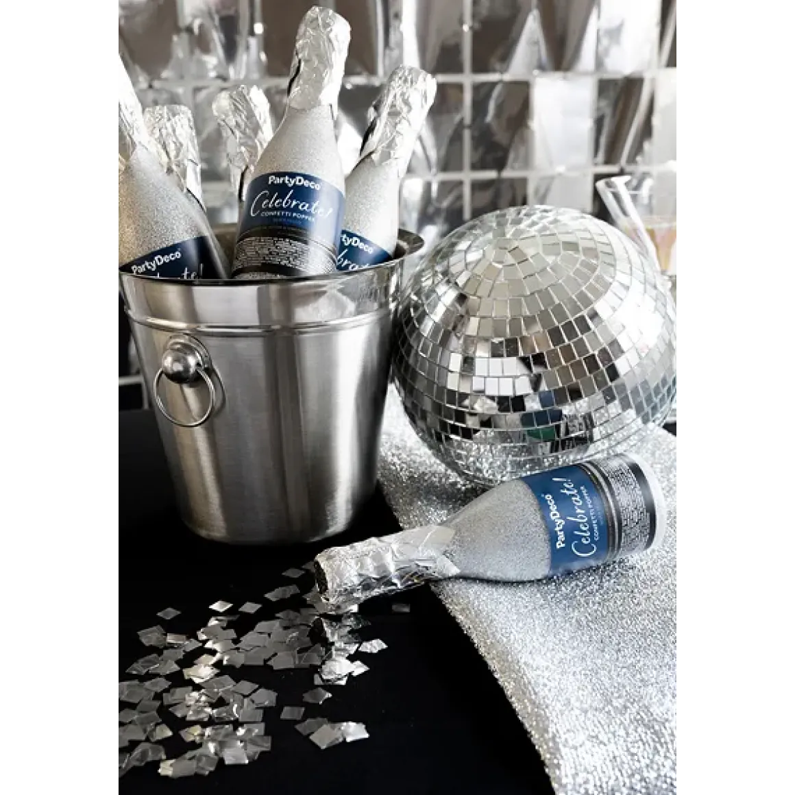 Konfettibomb, champagneflaska silver metallic 20,5 cm