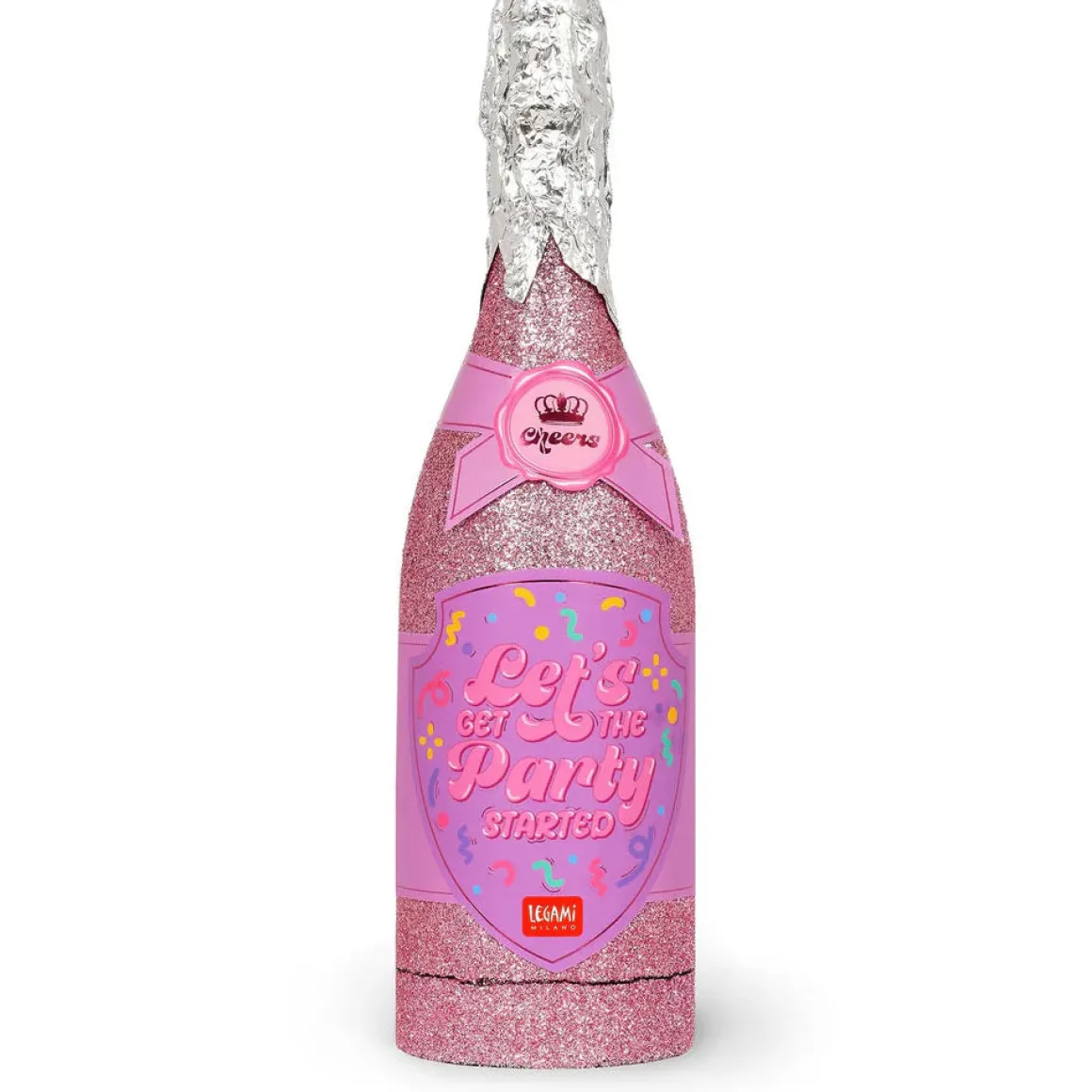 Konfettikanon, champagneflaska rosa glitter 33,5 cm